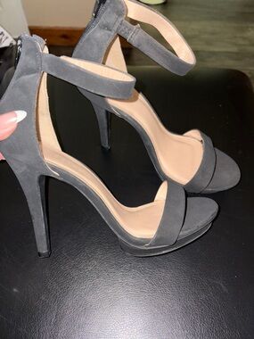 Women's Gray Suede Open-Toe Ankle-Strap Stiletto Heels